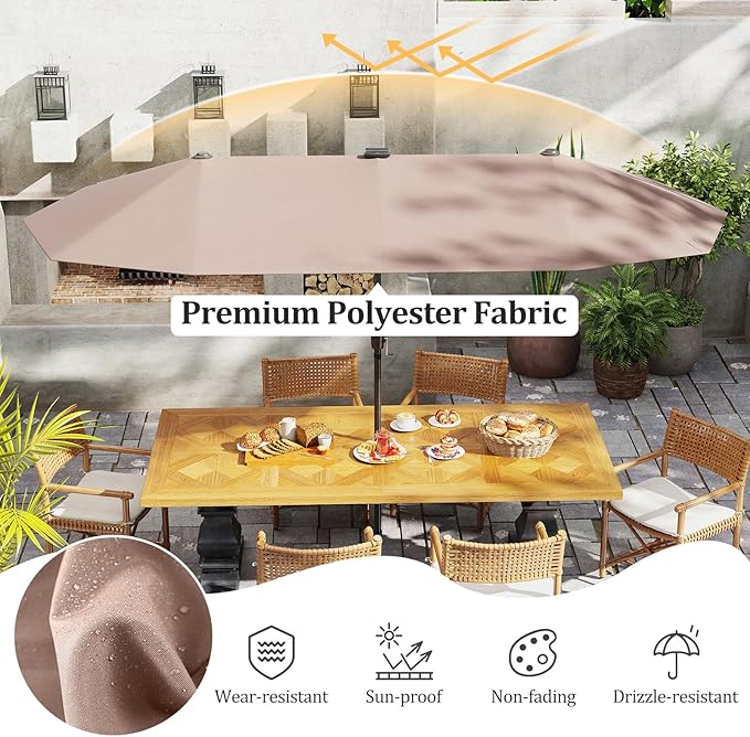 HAPPYGRILL 13 FT Double-sided Patio Umbrella with Solar Lights, Crank Handle & 12 Heavy-Duty Ribs, Outdoor Twin Size Oversized Rectangle Market Umbrella for Garden Deck Poolside