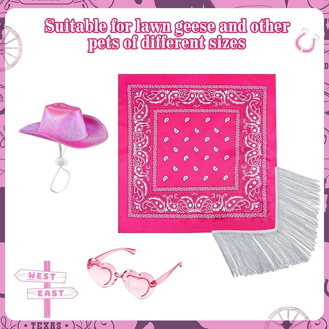 Disco Cowgirl Porch Goose Outfit 23" Cement Goose Statue Fringe Bandana Sunglasses for Summer Lawn Desk Patio Yard(Rose Red)