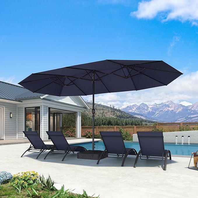 PURPLE LEAF 15ft Patio Market Umbrella with Base Double-Sided Rectangle Outdoor Table Sun Umbrellas with Crank 12 Heavy Duty Sturdy Ribs for Pool Beach Deck Backyard Navy Blue