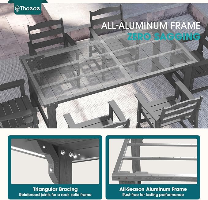 THOEOE 5 Piece Outdoor Dining Set, Patio Dining Table and 4 Chairs, All-Aluminum Frame, All-Weather HDPE Outdoor Furniture with Umbrella Hole for Garden, Lawn, Poolside, Grey