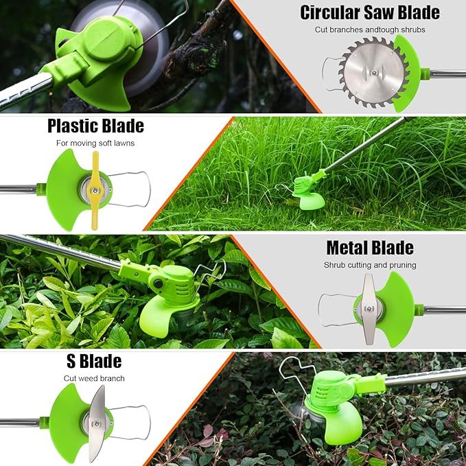 Electric Weed Wacker Cordless with Wheels, 2pcs Batteries&4 Types Blades,Lightweight, Low Noise Weed Trimmer 21V stringless Weed Wacker, Grass Trimmer/Brush Cutter/Edger, for Thick Weeds&Yard Garden