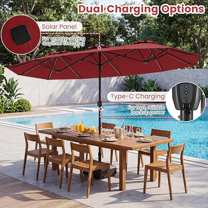 Tangkula 13 Ft Solar Patio Umbrella, Double-Sided Extra Large Outdoor Market Table Umbrella with Multi-Colored Flowing LED Lights, Crank Handle, 12 Sturdy Ribs for Poolside, Garden & Backyard (Wine)
