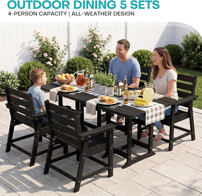5-Piece Dining Set, HDPE Table & 4 Chairs, Black | HDPE Dining Set: 69.1" Table + 4 Chairs,380 lbs,304 Stainless,All-Weather,No Rust No Crack,Outdoor Patio Garden