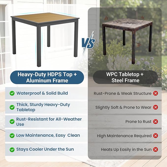 Aluminum Outdoor Table for All-Weather, 35.4" Patio Tables with Heavy Duty HDPS Square Tabletop, Outside Table with Quick-Drying Slatted Design for Patio, Garden, Deck, Porch, Poolside, Backyard
