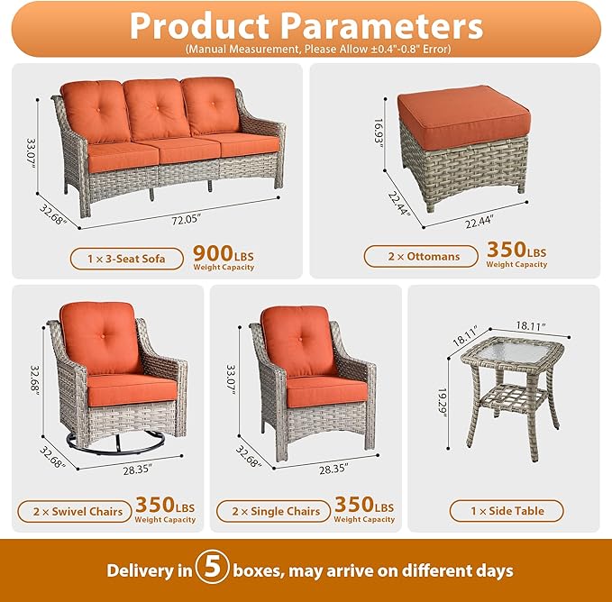 8 PCS Outdoor Patio Furniture Sets,Patio Conversation Sets Outside Rattan Soft Cushion Sofa with 2 Wicker Rocking Chairs Soft Cushion Fit Backyard Porch Garden Poolside Balcony,Orange Red