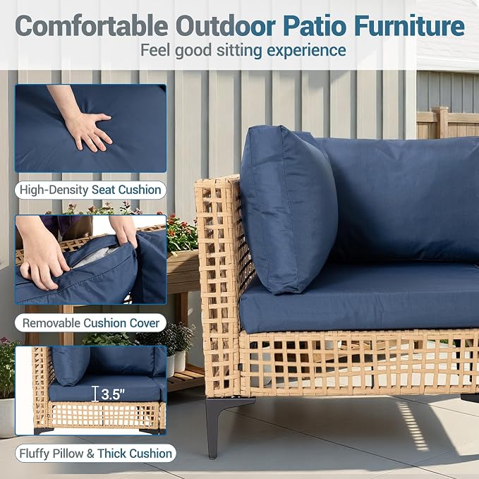 7-Piece Patio Furniture Set, All Weather Wicker Outdoor Sectional Conversation Sofa w/Thick Cushions & Glass Table for Lawn Poolside Backyard Porch, Blue