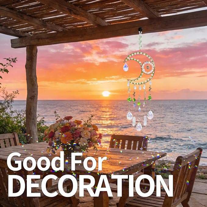Moon Crystal Suncatcher Rainbow Maker Window Hanging Decoration - Green | Handmade crystal decoration with natural stones, creates rainbow reflections for windows, bedrooms and home decor.