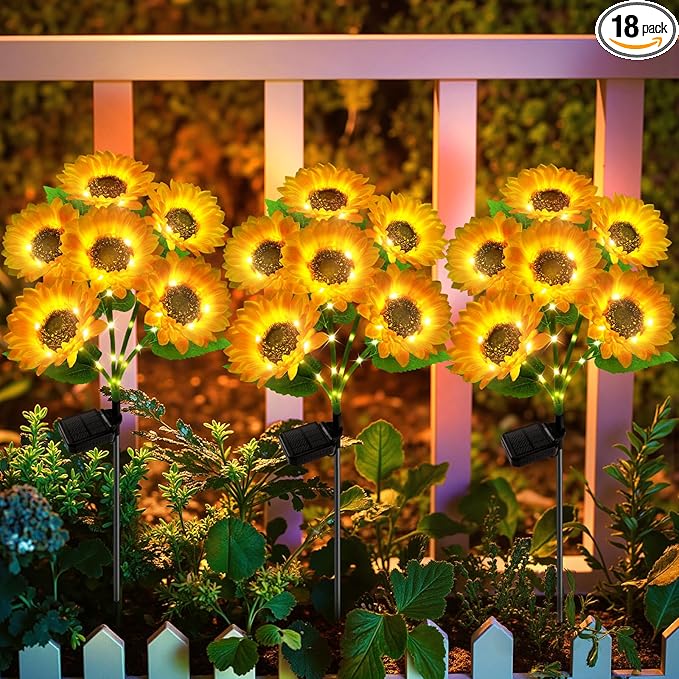 Solar Sunflower Lights Outdoor Waterproof - 3 Pack with 18 Bright Solar Sunflower Lights, IP65 Waterproof Light for Outdoor Flower Bed, Yard, Pathway, Patio Decor - for Mom, Women, Grandma