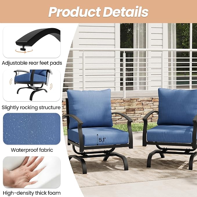 Metal Patio Furniture Set,2 Pieces Patio Sectional Outdoor Furniture Set with 2 Chairs,Patio Conversation Sets with 5.1" Thickened Cushions,Navy Blue