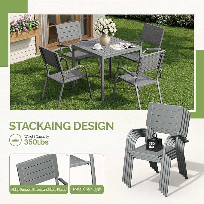 VINGLI Outdoor Patio Dining Set,5 Piece Square Table Patio Furniture Set,HDPE All-Weather Material Outdoor Dining Table and Chair for Garden, Backyard, Grey