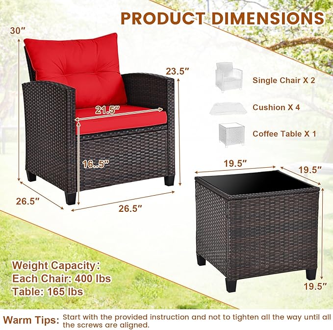 3-Pieces Patio Furniture Set, PE Wicker Chairs Sofa Set with Removable Cushions & Glass Top Side Table, Outdoor Wicker Rattan Conversation Chair for Porch,Backyard, Balcony (Red)