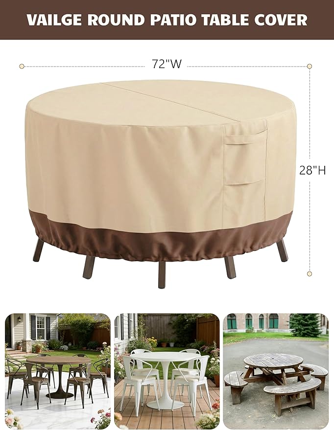 Vailge Round Patio Furniture Covers, 100% Waterproof Outdoor Table Chair Set Covers, Anti-Fading Cover for Outdoor Furniture Set, UV Resistant (Beige&brown, 72"DIAx28"H)