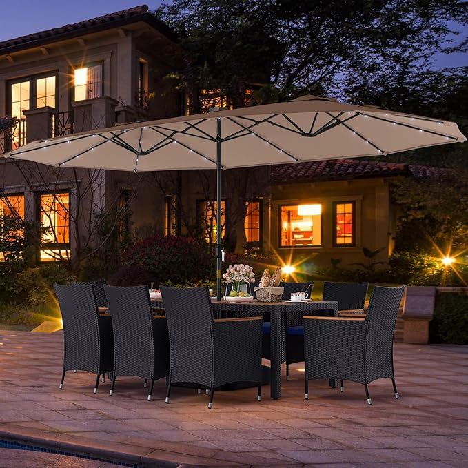 Tangkula 11 Pieces Patio Dining Set with Double-Sided Led Patio Umbrella (Base Included), with 8 Stackable Chairs, Acacia Wood Dining Table and Large Umbrella with Solar Lights (Coffee + Navy)