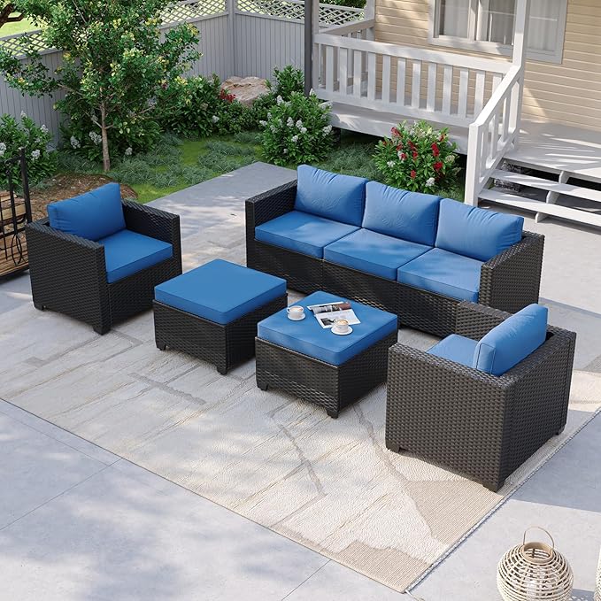 Aoxun Patio Furniture Set, 5 Piece Outdoor Sectional Sofa with Ottomans, Wicker Outdoor Furniture Conversation Sets with Waterproof Cover for Backyard Navy Blue