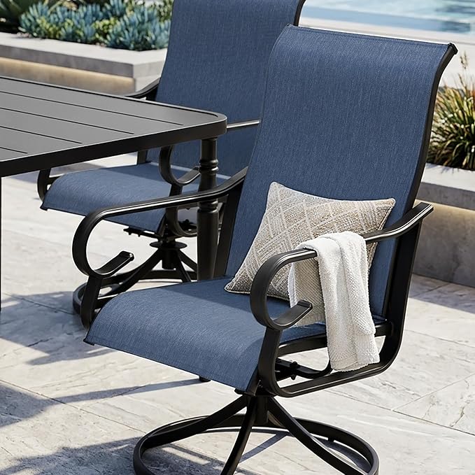NUU GARDEN Outdoor Dining Set with Umbrella Hole, 5-Piece Patio Furniture Set with Slatted Table and 4 Breathable Textilene Swivel Chairs, All-Weather Patio Dining Set, Blue