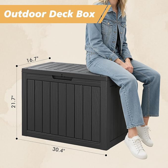 Fancyango 45 Gallon Outdoor Deck Box Waterproof, Storage Box for Patio, Resin Storage Bench Lockable for Garden Tools, Package Delivery, Black