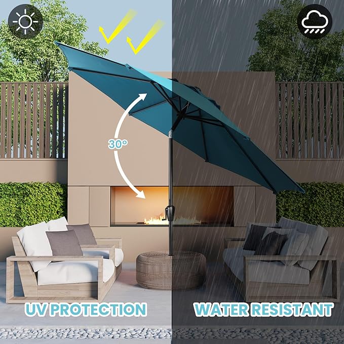 Sun-Ray 9' Round Patio Umbrella with Push-Button Tilt and Hand Crank Lift System, Market Umbrella for Porch, Deck, and Patio