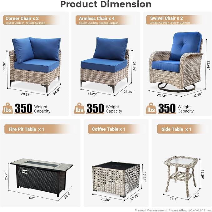 Outdoor Patio Furniture Sets,11 PCS Patio Conversation Set Outside Rattan Sectional Sofa with 54 in Fire Pit Table Wicker Rocking Chair Coffee Table Fit Backyard Porch Garden Poolside Balcony