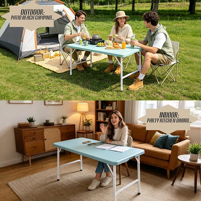 Portable Plastic Folding Table 4ft/6ft/8ft Heavy Duty White Black Picnic Dining Table Fold-in-Half for Camp Party Kitchen Indoor Outdoor