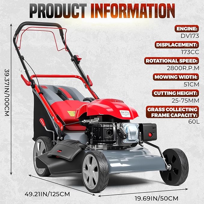 3-in-1 Gas Lawn Mower, 173CC Self Propelled Lawn Mower with 60L Grass Bag, 20" Cutting Deck, Adjustable Cutting Height Foldable Clearance Lawns Mowers Cordless for Yard & Garden Care 2800rpm Red