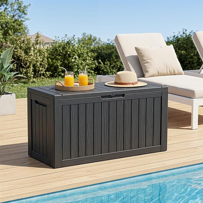 270 Gallon Extra Large Deck Box Outdoor, Resin Storage Box Outdoor Waterproof, Lockable Garden Storage Bench, Holds Patio Furniture, Pool Supplies & Equipment, Hydraulic Rod, UV-Proof, Black