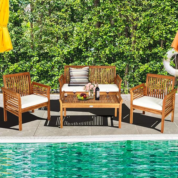 Tangkula 4 Piece Outdoor Acacia Wood Sofa Set with Water Resistant Cushions, Padded Patio Conversation Table Chair Set w/Coffee Table for Garden, Backyard, Poolside (1)