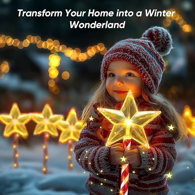 Solar Christmas Lights Outdoor Waterproof: 8 Pack Star Solar Christmas Decorations Outdoor with 8 Modes, Solar Candy Cane Pathway Lights Outside for Yard Walkway Driveway Xmas Decor - Warm White