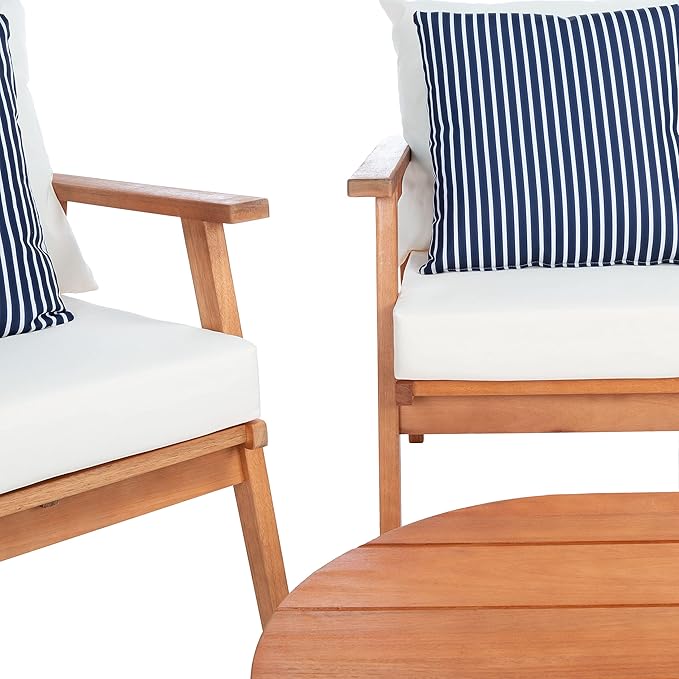 Safavieh PAT7050D Outdoor Deacon Natural and Beige 4-Piece Navy Striped Pillows Patio Set
