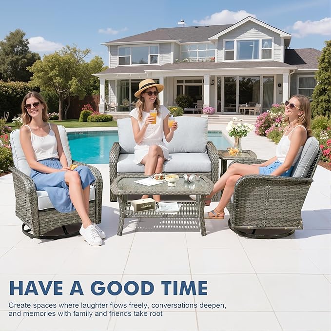 Weaxty Wicker Patio Furniture Set with Swivel Rocker Chairs Outdoor Loveseat Sofa and Rattan Coffee Table, 5 Pieces Outdoor Conversation Sets for Patio Porch Deck Backyard Poolside, Light Gray