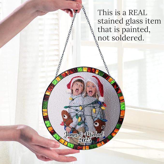 Personalized Stained Glass Christmas Suncatcher – Custom Family Photo Window Decor – First from Mom and Dad – Festive Holiday Keepsake Ornament