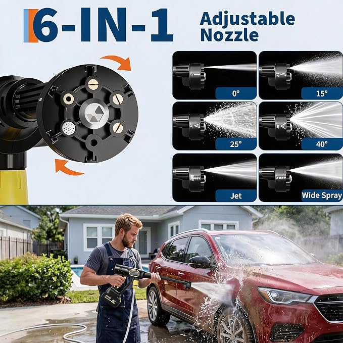 20V Cordless Pressure Washer, 320 PSI 2.5 GPM Portable Power Cleaner with 4.0Ah Battery, 6-in-1 Nozzle, 23ft Hose, Foam Cannon, for Car Patio Yard Cleaning