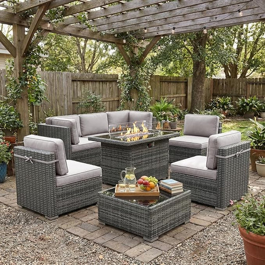 LayinSun 8 Piece Patio Furniture Set with 44" Propane Gas Fire Pit Table, Outdoor Sectional Conversation Set Wicker Rattan Sofa Set with Coffee Table