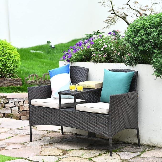 Tangkula Outdoor Rattan Loveseat with Built-in Coffee Table, 2-Person Patio Conversation Set with Cushions & Table, Modern Patented Wicker Sofa Set, Wicker Sofa for Garden Lawn Backyard, Beige