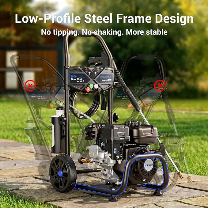 3500 PSI Gas Pressure Washer, 2.3GPM Gas Powered Power Washer with 209cc OHV Engine, Soap Tank, 25FT Pressure Washer Hose,Pressure Gun & 4 Nozzles for Cars/Driveways/Homes/Patios