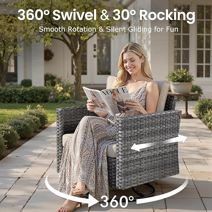 10 PCS Outdoor Patio Furniture Sets with 42'' Fire Pit Table,Wicker Weather Resistant Patio Conversation Set with Wicker Rocking Chair,Modular L Shaped Sofa with Coffee Table for Yard,Beige