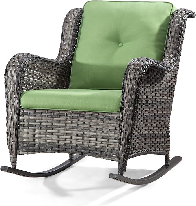 Outdoor Wicker Patio Rocking Chair - All-Weather Lawn Rocking Wicker Furniture with Alloy Steel Frame & Premium Fabric Cushion, Green