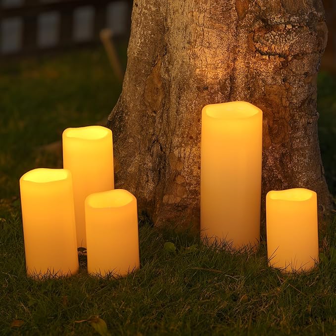 NURADA Large Outdoor Solar Candles Waterproof - 6" x 4" Rechargeable Solar Powered Flameless LED Pillar Flickering Candle for Patio Porch Lanterns Decor - Ivory Set of 2