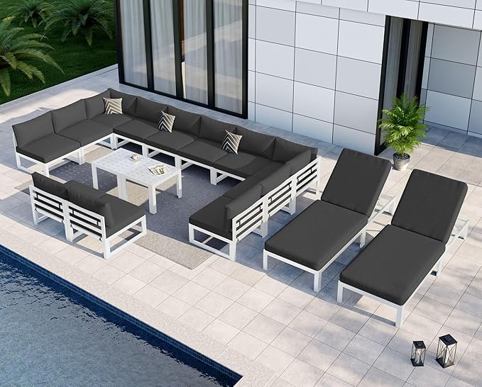 NICESOUL 16 Piece Extra Large Contemporary Aluminum Outdoor Furniture Set with Chaise Lounge, 29" Deep Wide Couch Set, 500 lbs High Weight Capacity Modular Patio Sectional Sofa for Poolside, Dark Grey