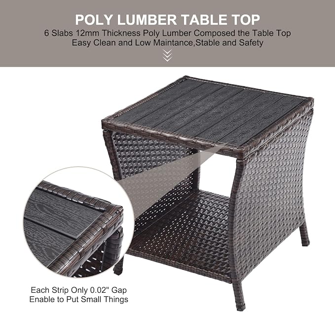Outdoor Side Table for Patio Small Rattan Wicker Coffee Table Balcony Table Outside End Table with Poly Lumber Table Top & Storage Bistro Table for Garden Porch Deck Living Room Backyard Brown