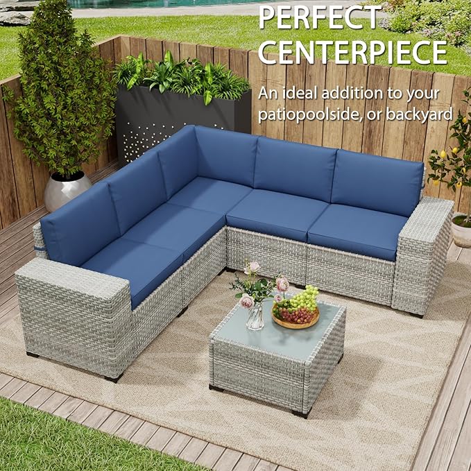 6 Piece Patio Furniture Set, 8" Wide Arm Sectional Sofa Set with Coffee Table, High-Back All-Weather Rattan Outdoor Conversation Set for Garden, Porch, Lawn, Blue