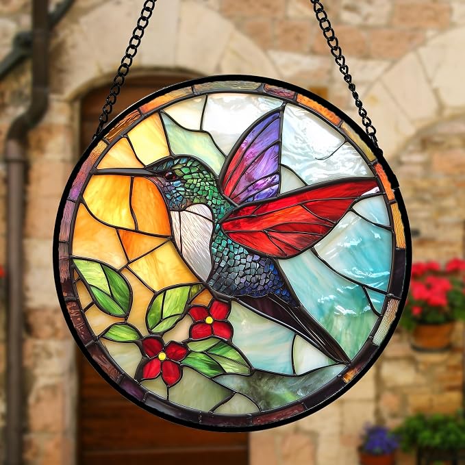 DASTOLL Stained Glass Window Hanging, Hummingbird Gifts Sun Catchers Diamond Glass Panel Hangings Birds Suncatcher Decor for Birthday for Women, Men, Wife, Aunt, and Mom 11.8x11.8 in