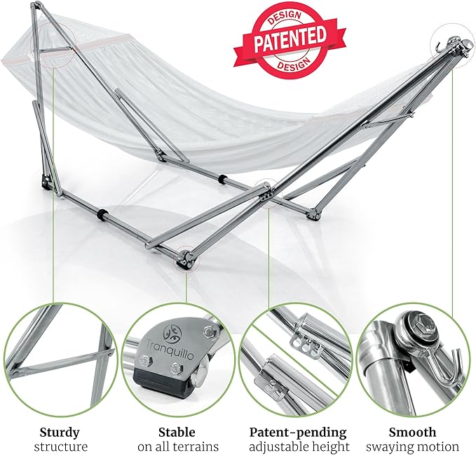 Tranquillo Double Hammock with Stand 650lb Capacity Double Hammock with Spreader Bar, Solid Grade 201 Stainless Steel 30s Set Up, Sturdy Flexible Hammock Stand Portable, Outdoor Indoor, Grey