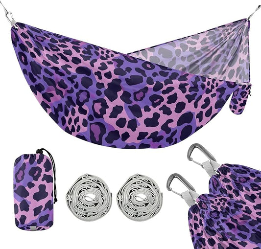 Camping Hammock Outdoor Hammocks for Outside Purple Leopard Skin Texture Beach Trees Portable Lightweight with Pockets Tree Straps Indoor Small