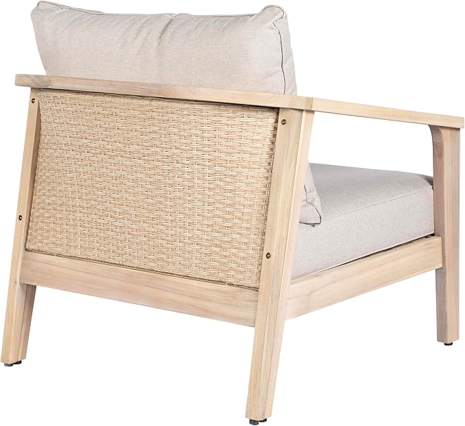 Merax 1 Piece Outdoor Acacia Wood and Wicker Club Chair, Light White Finish with Beige Cushion, Patio Garden Armchair