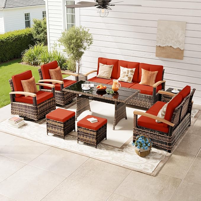 MEISSALIVVE 8 Pieces Patio Furniture Sets, PE Wicker Outdoor Conversation Sets with 2 Wood Armrests Swivel Rocker Chairs, 2 Ottomans, 2 Sofa and Dining Table (Red)
