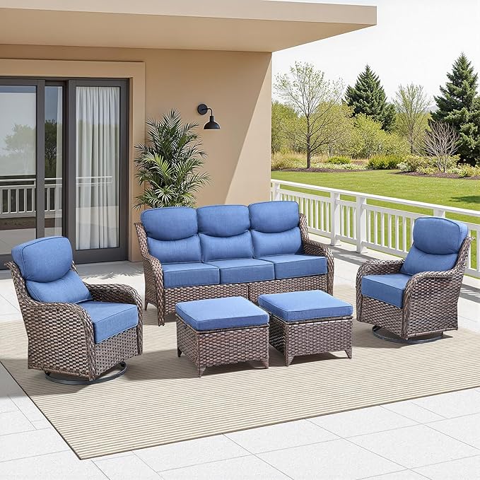 Luxury 5 Piece Patio Furniture Set-All Weather Outdoor Swivel Rocker Chairs with 6" Thick Cushions Multifunctional Ottoman Rattan Patio Conversation Sets for Porch Deck Garden Backyard(Brown/Blue)