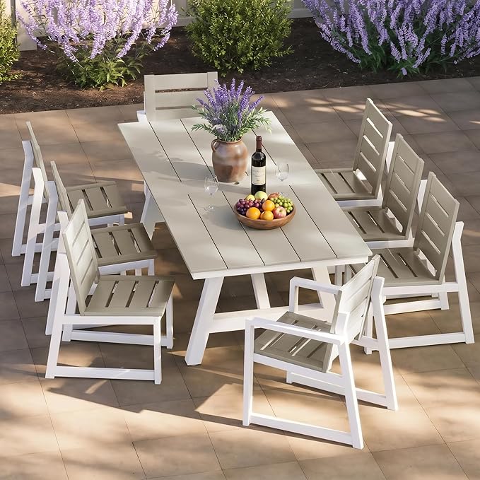 Costaelm Rectangle Patio Table, 8-Person Backyard Table 90" HDPE Dining Table with Umbrella Hole and Metal Frame for Outside, Garden, Poolside, Deck, Porch, Balcony, Sand