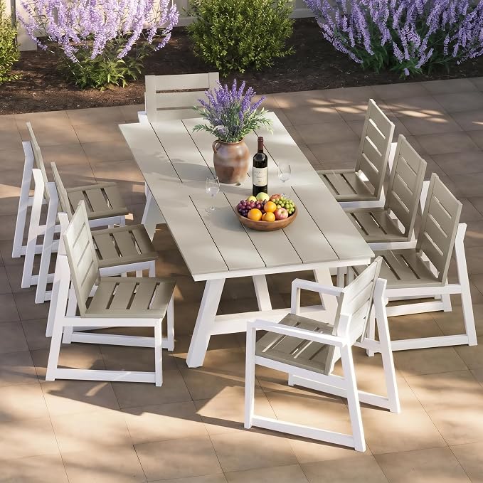 Costaelm Stinson 9-Piece Outdoor HDPE Patio Dining Table Set with Umbrella Hole & Dining Chairs for 8, Sand