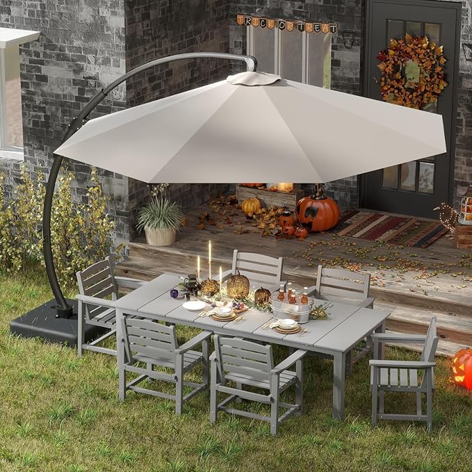 7-Piece Grey Outdoor Dining Set with Beige 11FT Large Patio Umbrella, 75.2'' HDPE Table & Chairs for 6, Weather-Resistant Furniture with Umbrella Hole for Patio, Lawn, Poolside