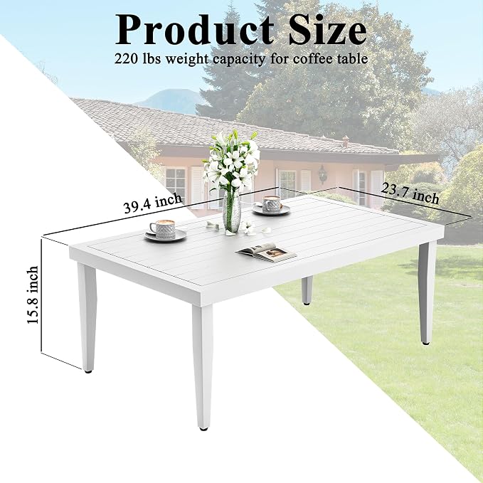 40" Aluminum Outdoor Patio Coffee Table, All-Weather Rust-Resistant Patio Coffee Table with Slatted Top, Modern Rectangular Outside Furniture for Garden, Deck, Balcony and Poolside, White